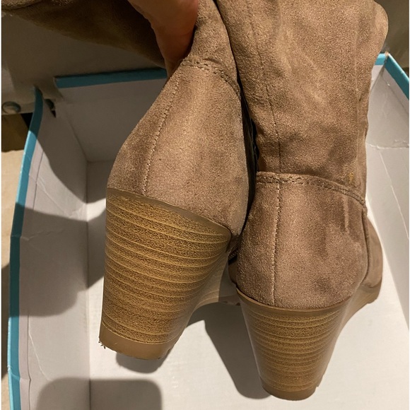 Taupe Faux Suede Slouchy Stacked Wedge Knee High - Picture 7 of 12